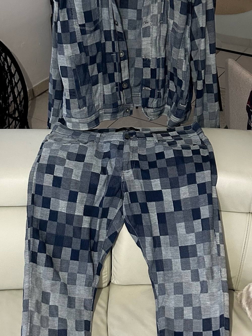 Jordan Craig Men’s Patchwork Denim Jacket & Jeans Set Gray Blue Streetwear